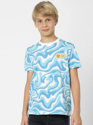 BOYS BLUE ABSTRACT PRINT CREW NECK T-SHIRT