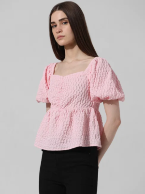 PINK RIBBED FRILL TRIM TOP