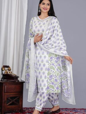 Pure Jaipuri Cotton Kurti Pant set with Mul Mul cotton Dupatta Set